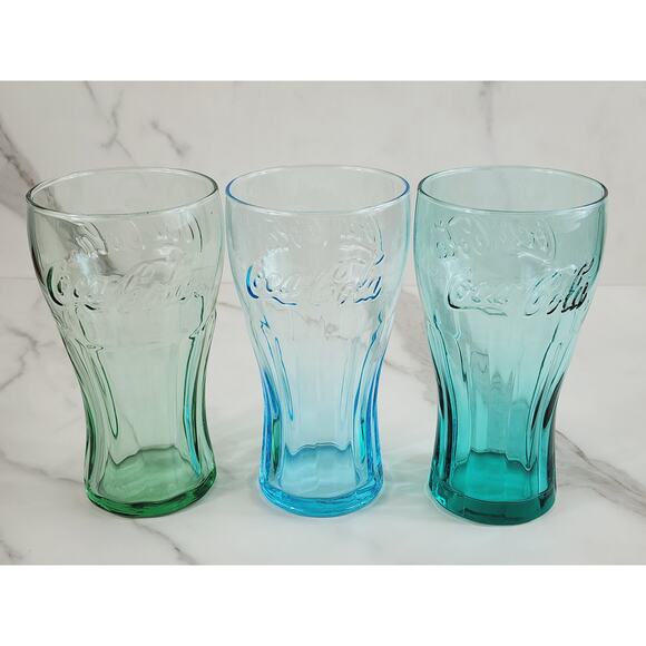 Coca Cola Drinking Glasses Embossed Logo 16oz Glass Tumblers Turquoise Green x3 - Picture 7 of 12